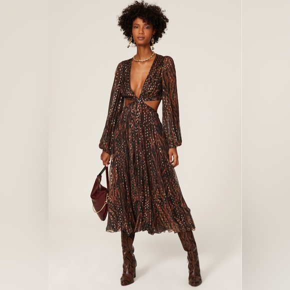 Rococo‎ Sand Rent the Runway Metallic Cutout Midi Dress Tiger Print Small Boho - Picture 1 of 16